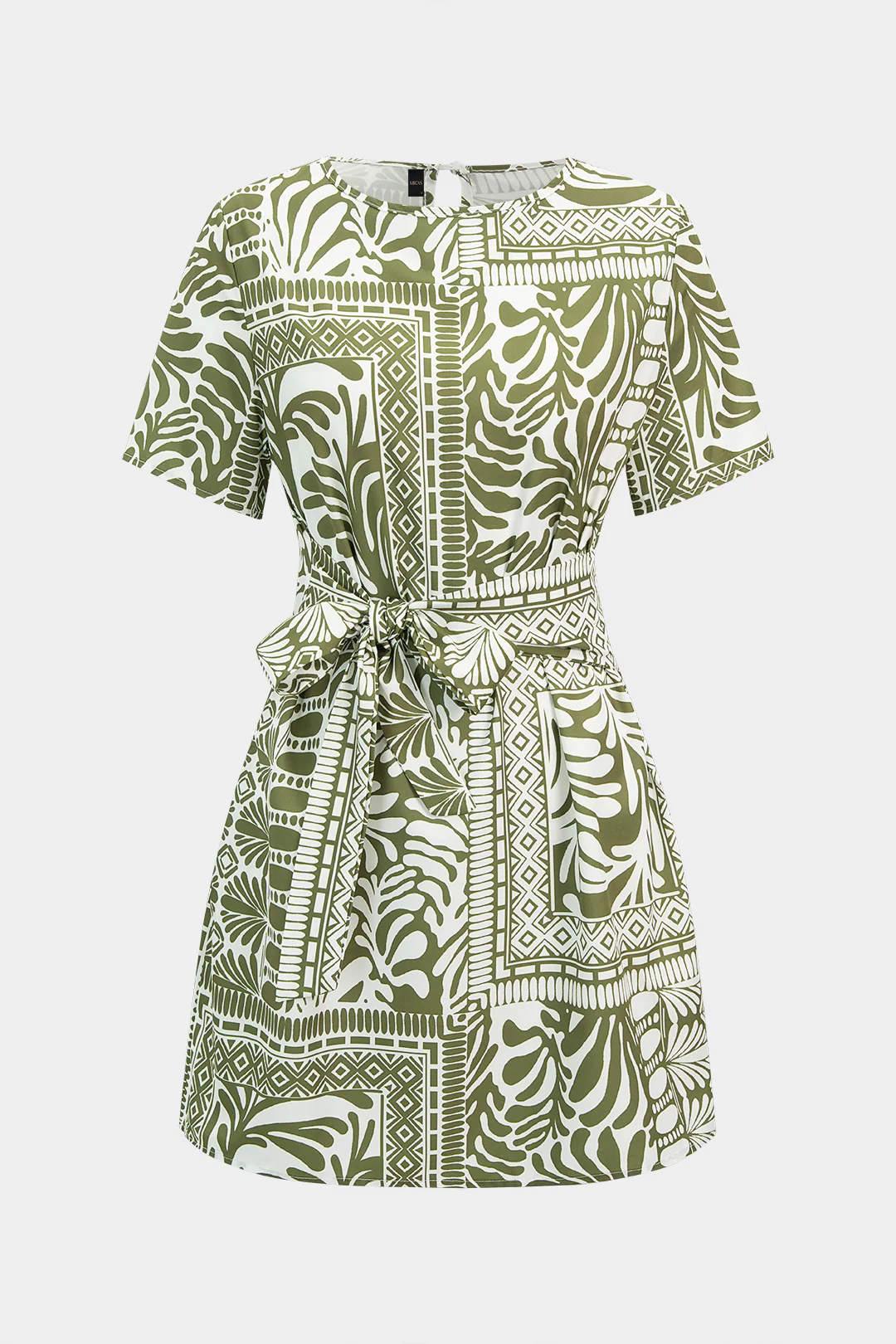 Floral Print Round Neck Tie-Up Short Sleeve Mini Dress