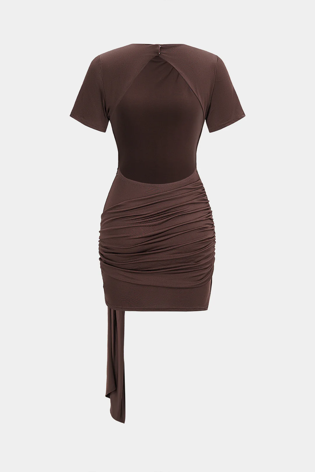 Metallic Ruched Round Neck Asymmetrical Short Sleeve Mini Dress - Image 2