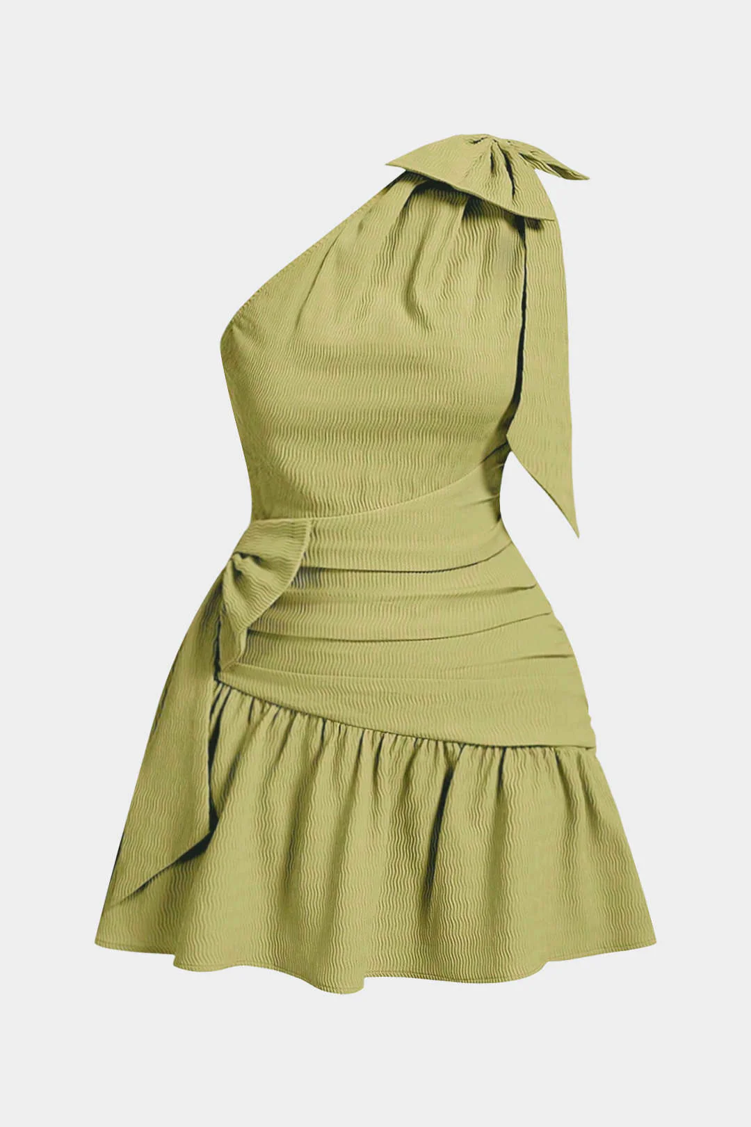 Plus Size One Shoulder Bow Ruched Sleeveless Mini Dress