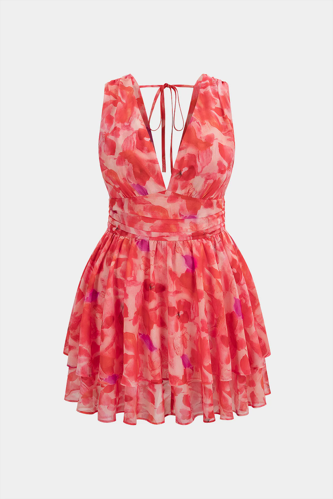 Floral Print V-Neck Layered Tie-Up Mini Dress