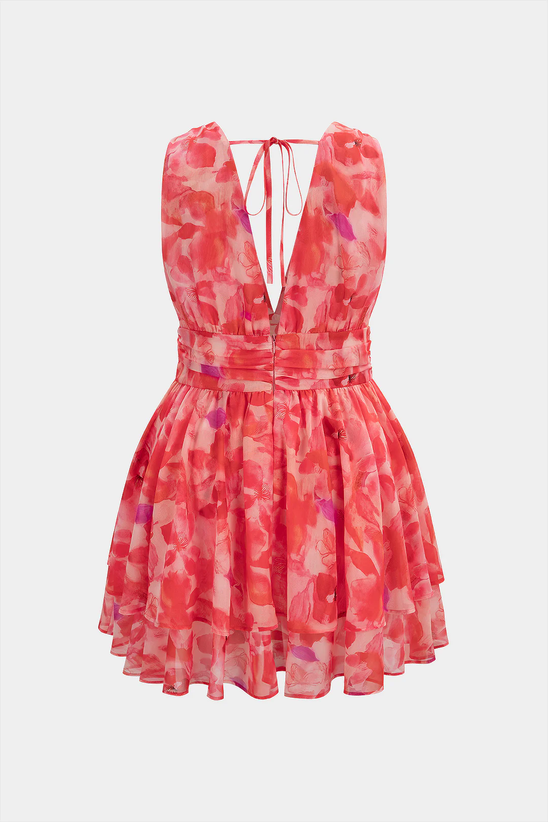 Floral Print V-Neck Layered Tie-Up Mini Dress - Image 2