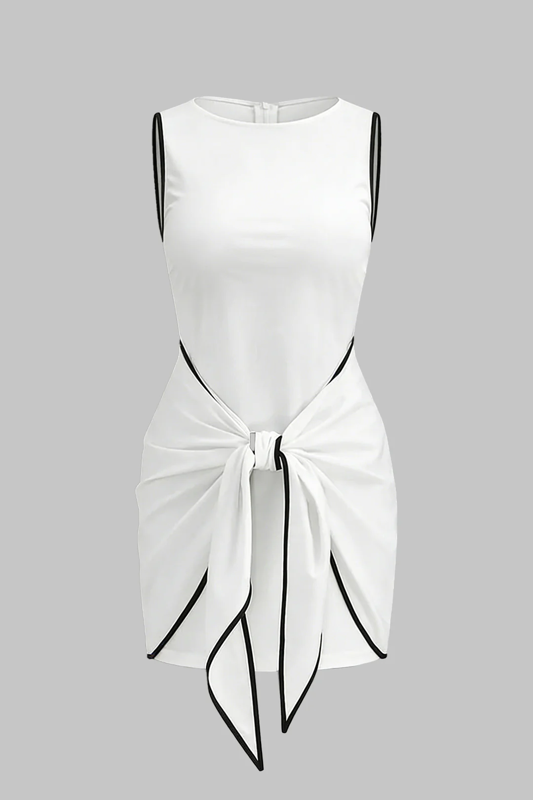 Contrast Binding Round Neck Tie Front Sleeveless Mini Dress - Image 2