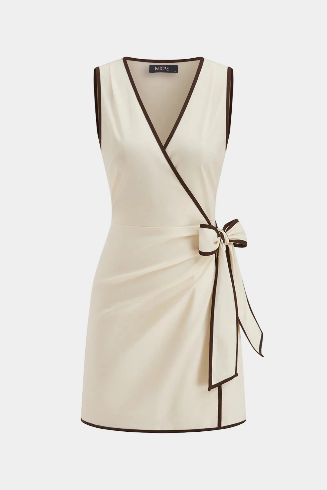 Contrast Binding Linen Asymmetrical Bow V-Neck Sleeveless Mini Dress