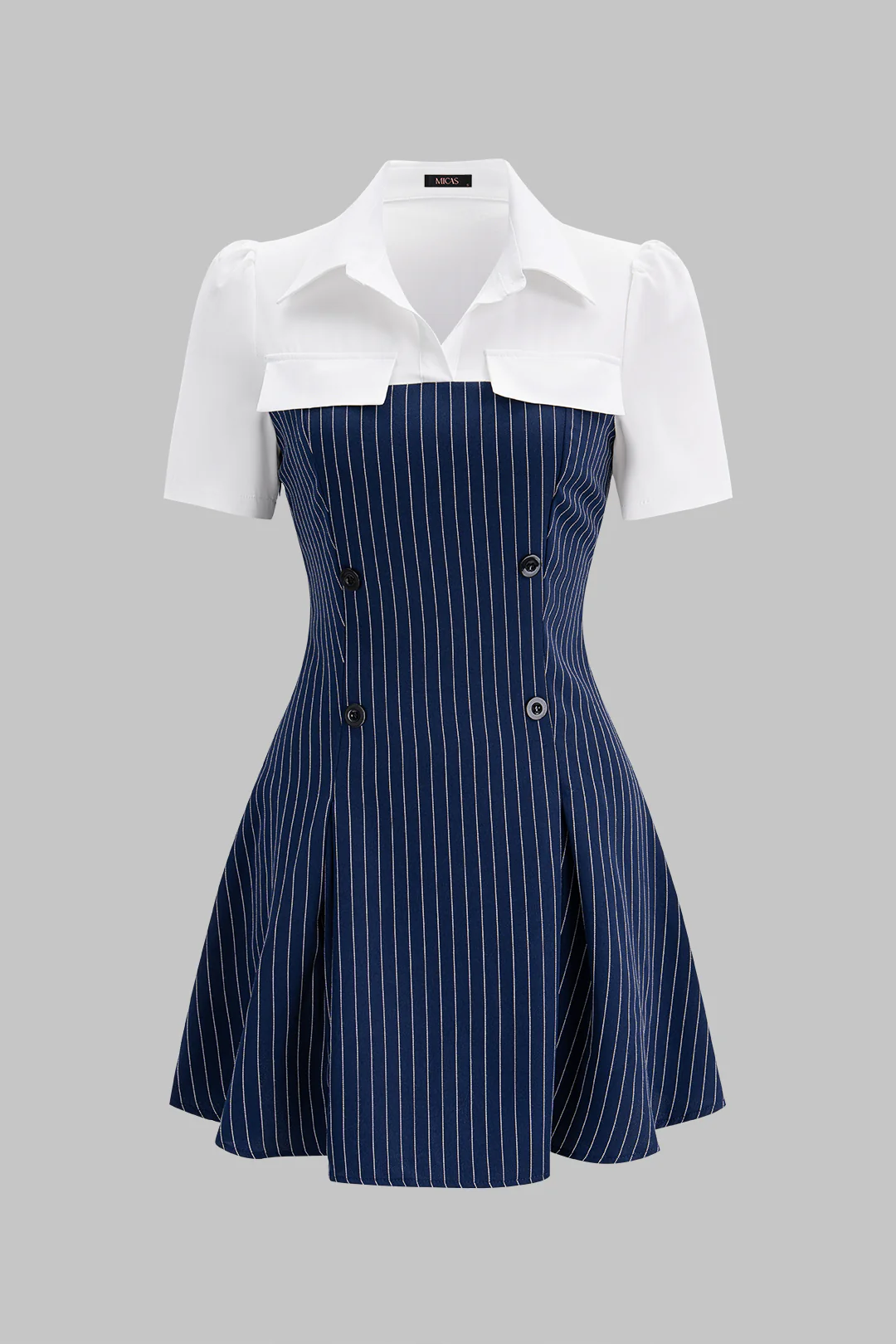 Contrast Stripes Print Button Lapel Patchwork Short Sleeve Mini Dress
