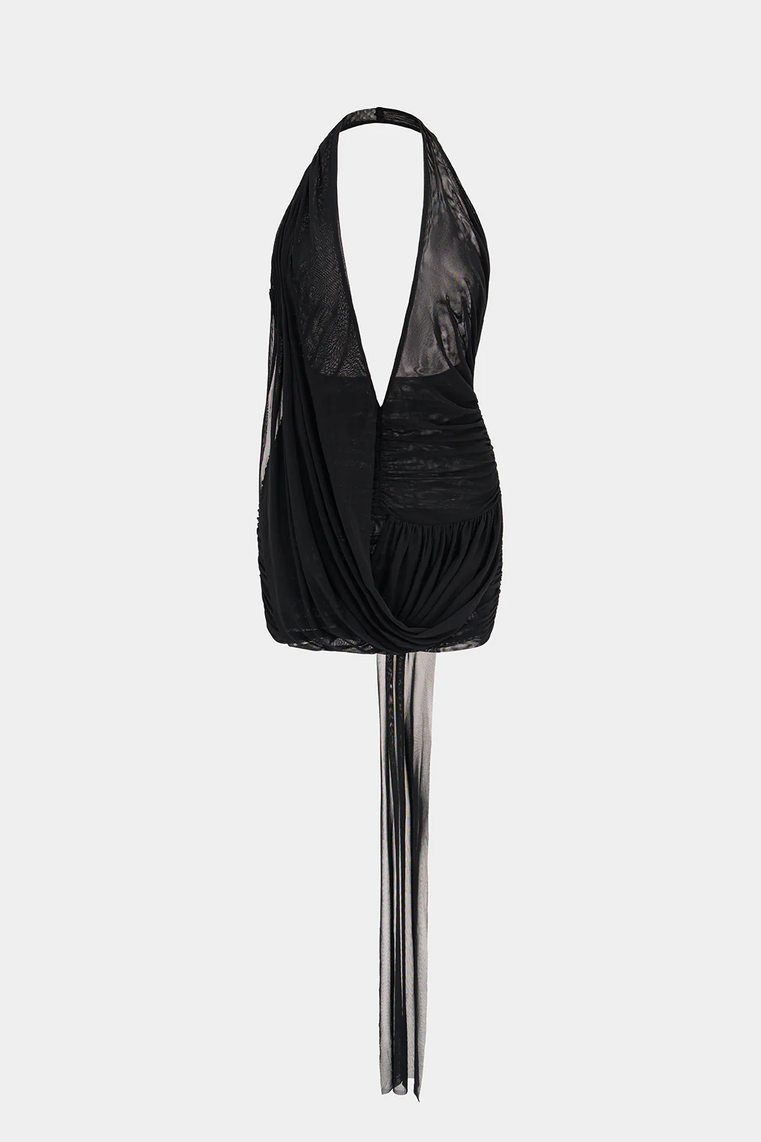 Mesh Patchwork Halter Deep V-Neck Backless Ruched Sleeveless Mini Dress - Image 2