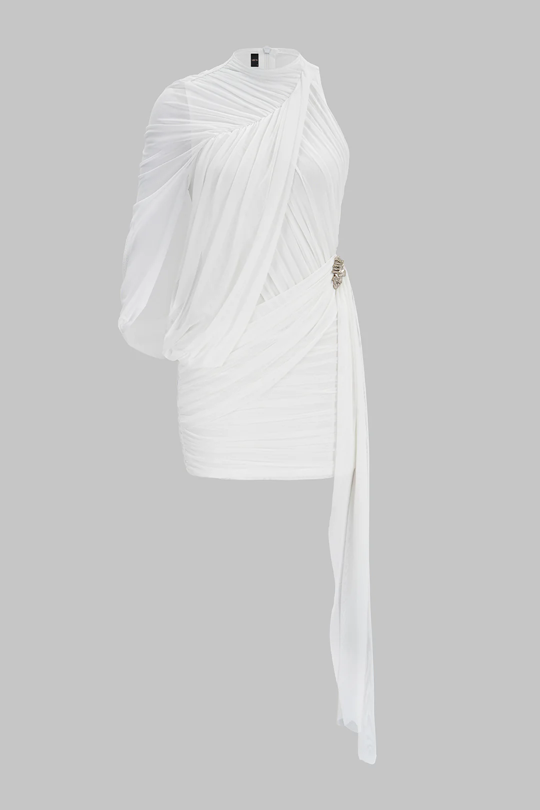 Mesh Mock Neck Asymmetrical Ruched Sleeveless Mini Dress