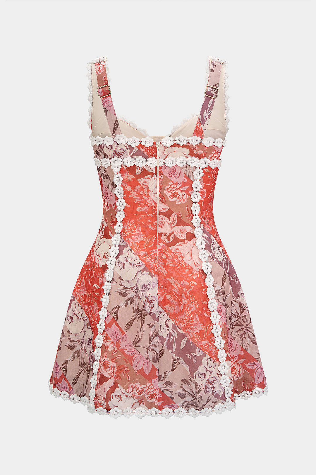Floral Print Linen Tie Front Contrast Whipstitching Sleeveless Mini Dress - Image 2