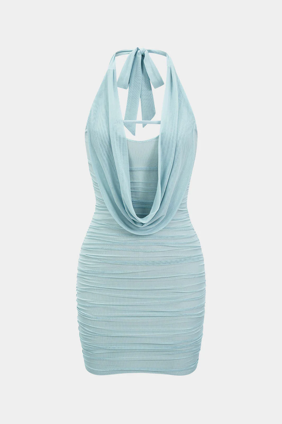 Mesh Halter Draped Cowl Neck Sleeveless Mini Dress