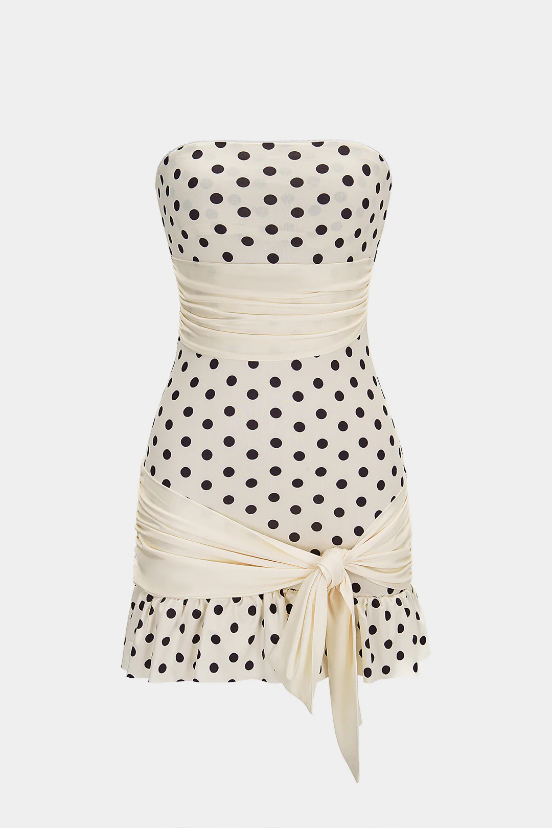 Polka Dots Print Satin Patchwork Strapless Tie-Up Sleeveless Mini Dress - Image 2