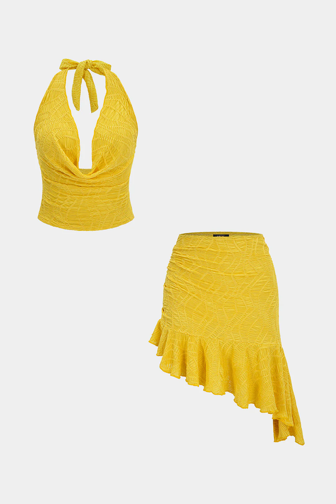 Textured Halter Draped Cowl Neck Tie Back Top And Asymmetrical Skirt Set