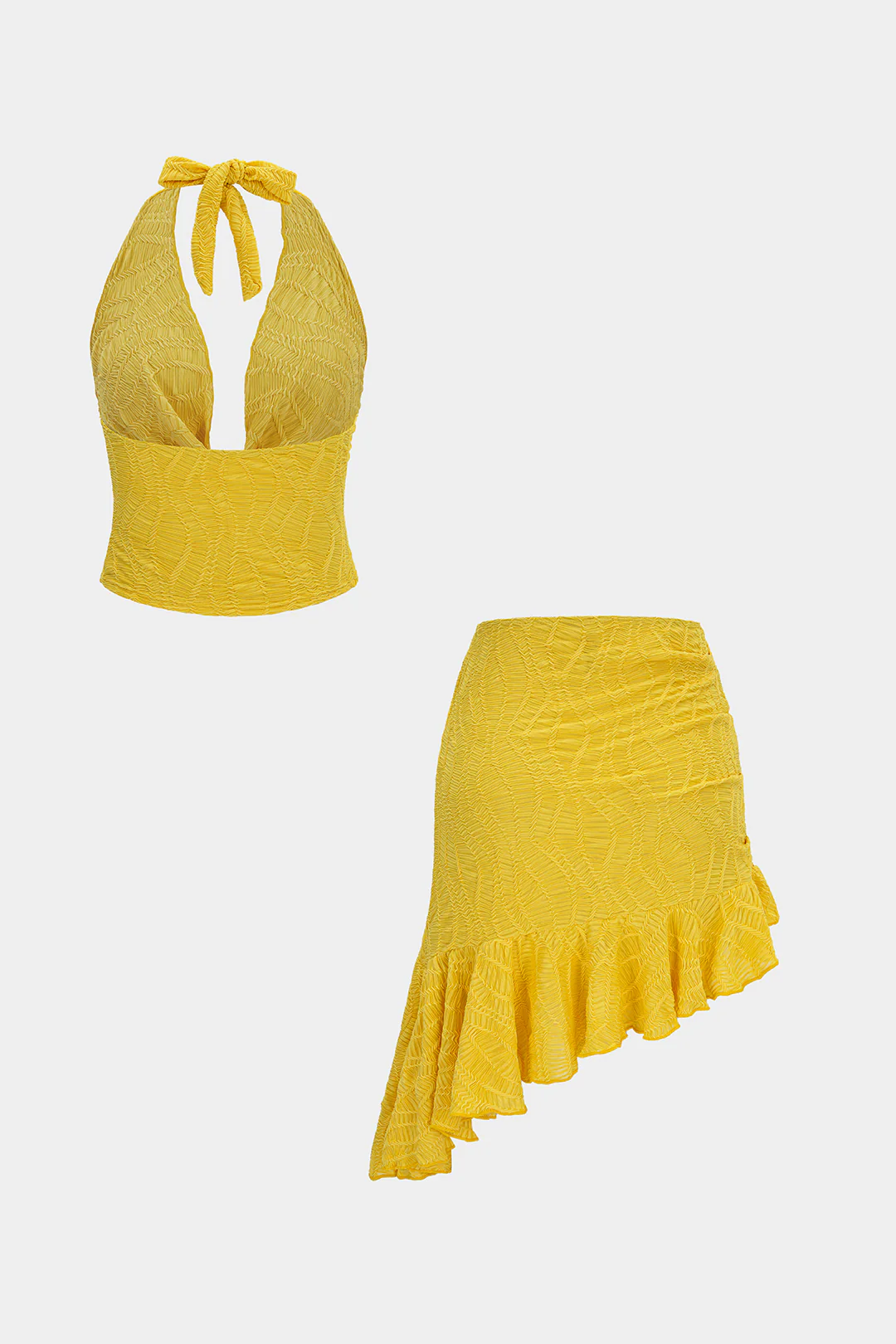 Textured Halter Draped Cowl Neck Tie Back Top And Asymmetrical Skirt Set - Image 2