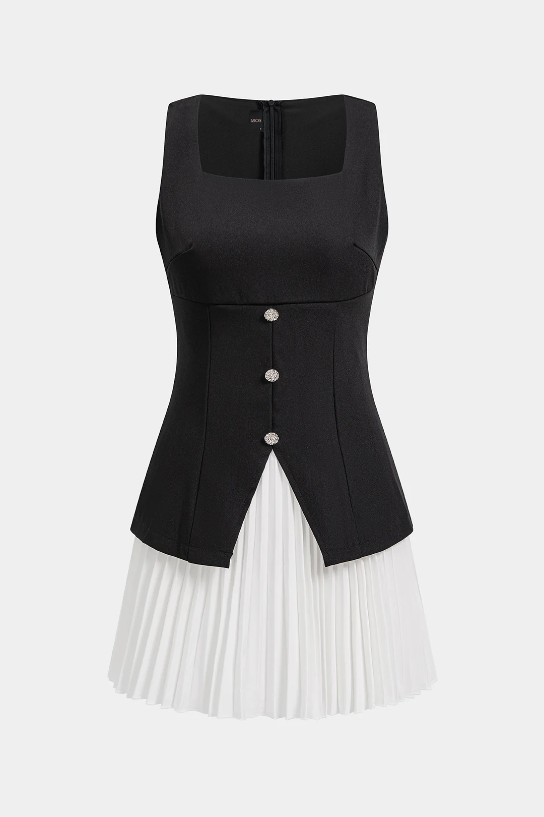 Patchwork Square Neck Metallic Button Sleeveless Mini Dress