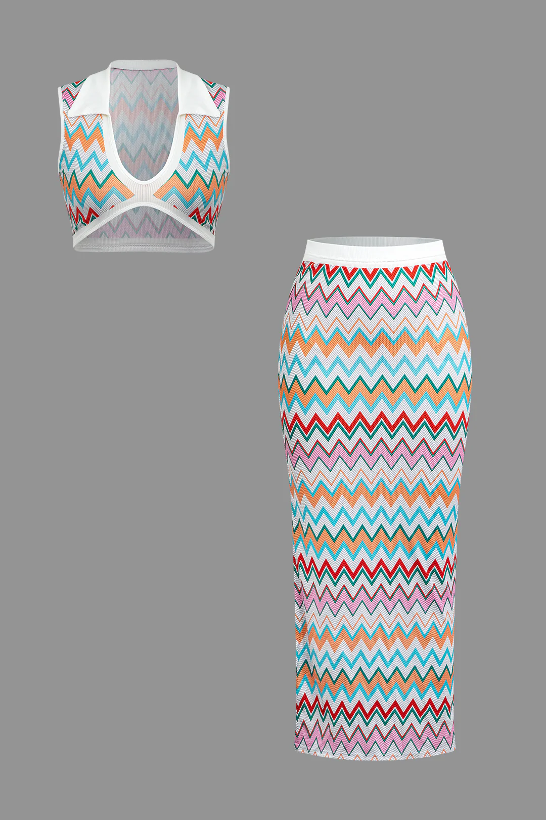 Contrast V-neck Crop Knit Tank Top And Split Maxi Skirt Set - Image 2