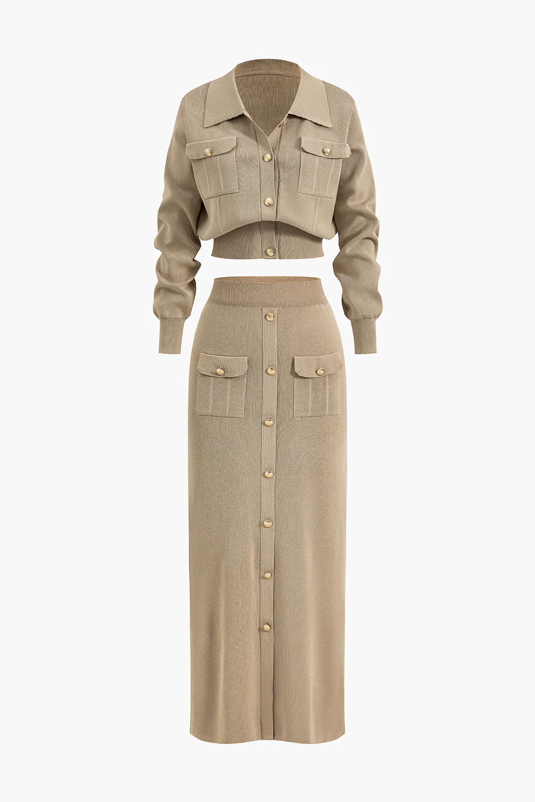 Cropped Button-Up Knit Top And Maxi Skirt Set
