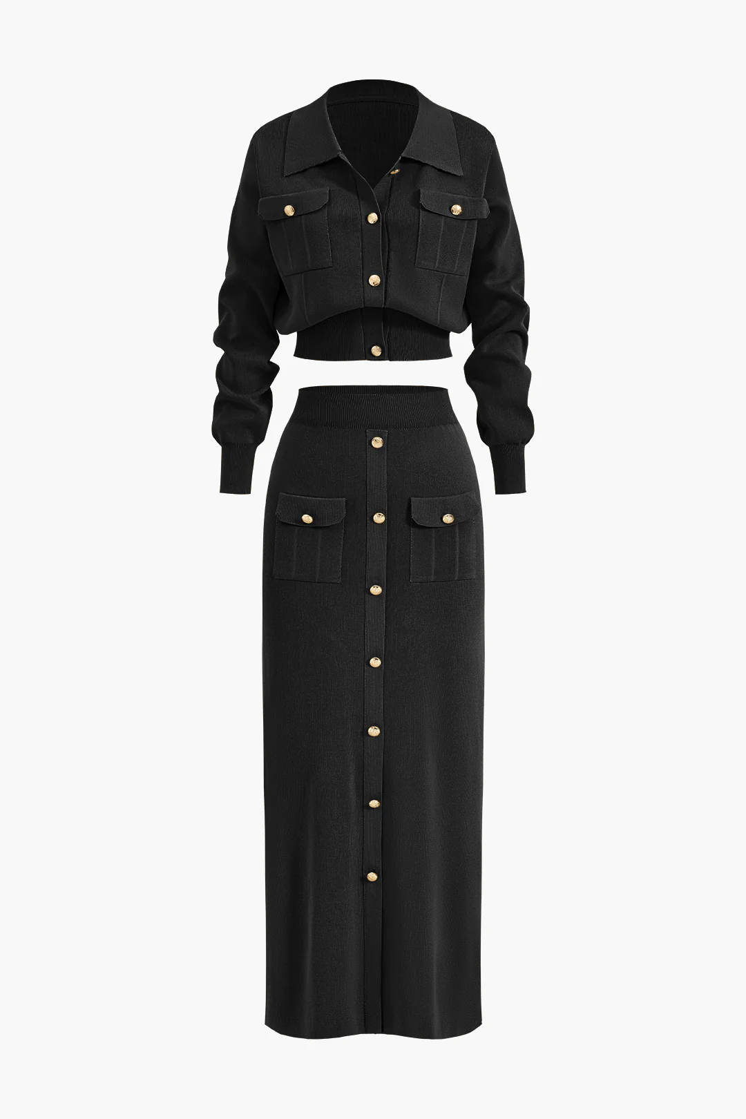Cropped Button-Up Knit Top And Maxi Skirt Set - Image 13