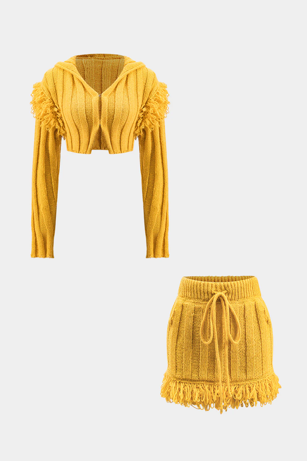Knit Fringe Long-Sleeve Top And Drawstring Tie-Up Mini Skirt Set