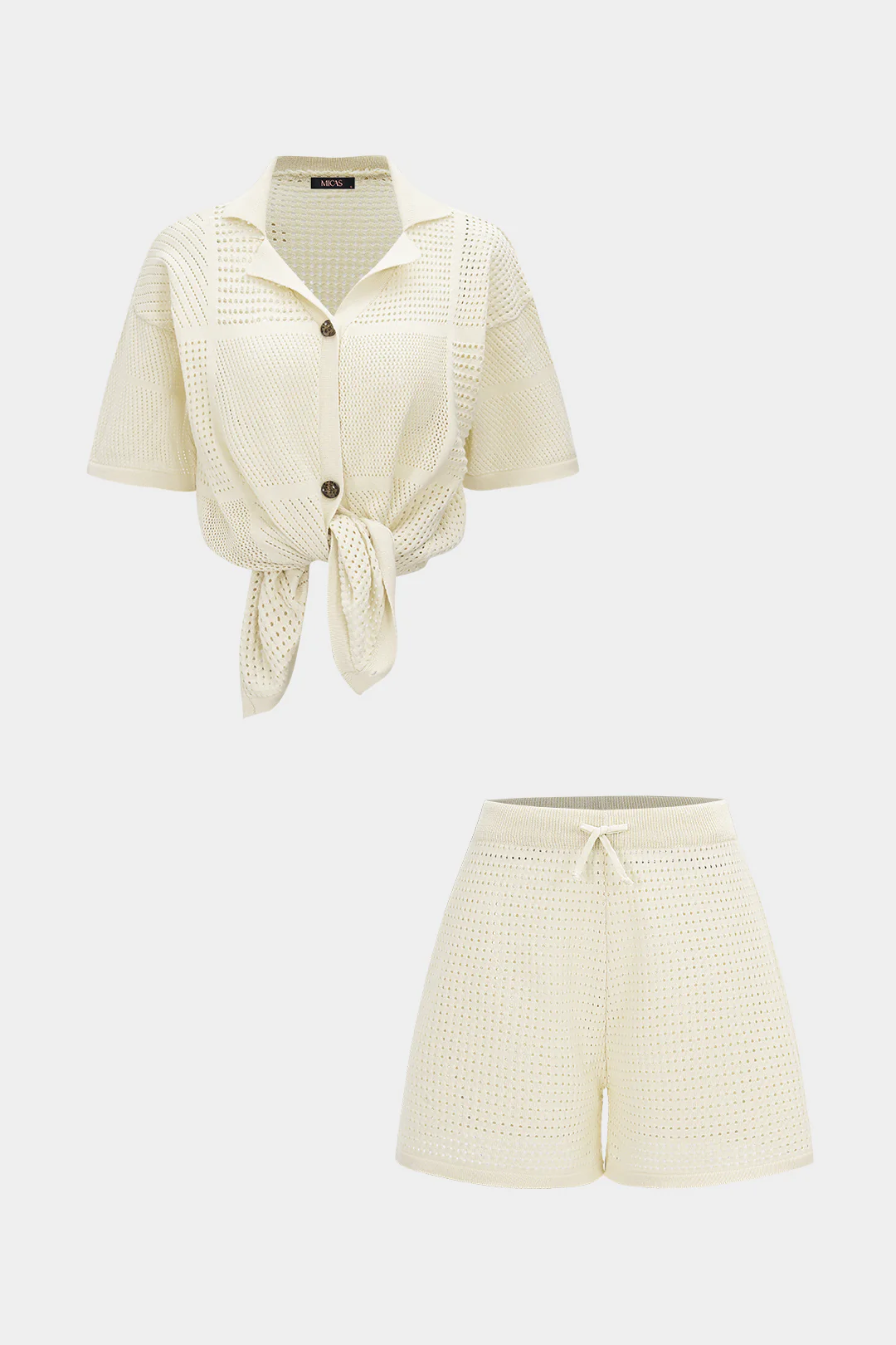 Knit Hollow Out Lapel V-Neck Short Sleeve Cover Up Set