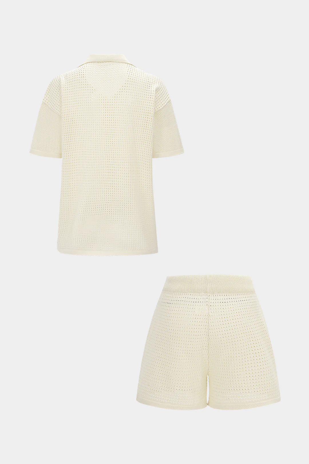 Knit Hollow Out Lapel V-Neck Short Sleeve Cover Up Set - Image 2