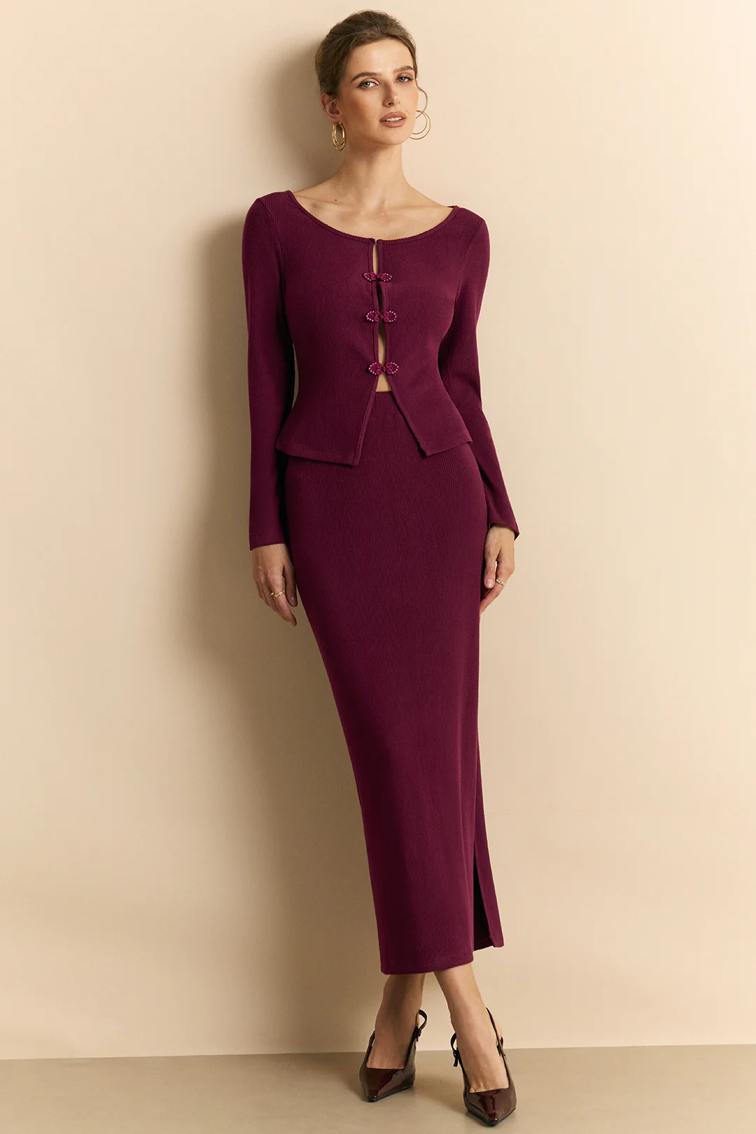 Knit Frog Button Long-Sleeve Top And Skirt Set