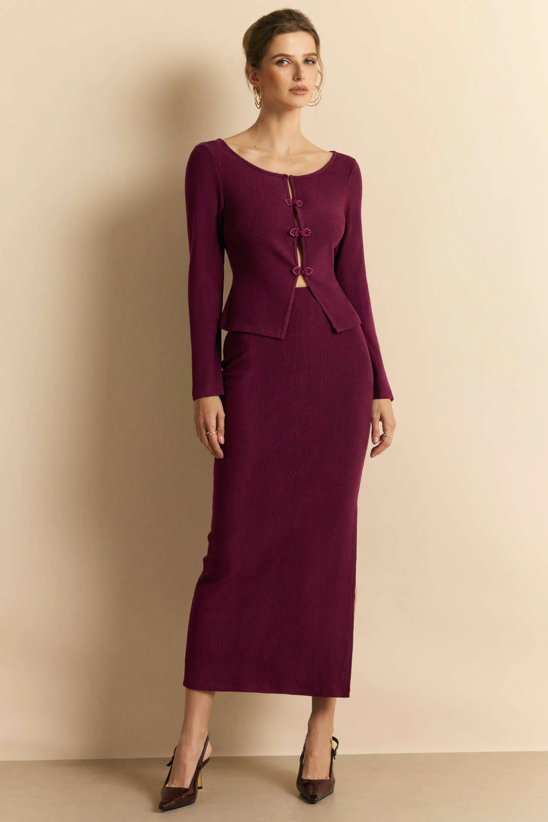 Knit Frog Button Long-Sleeve Top And Skirt Set - Image 2