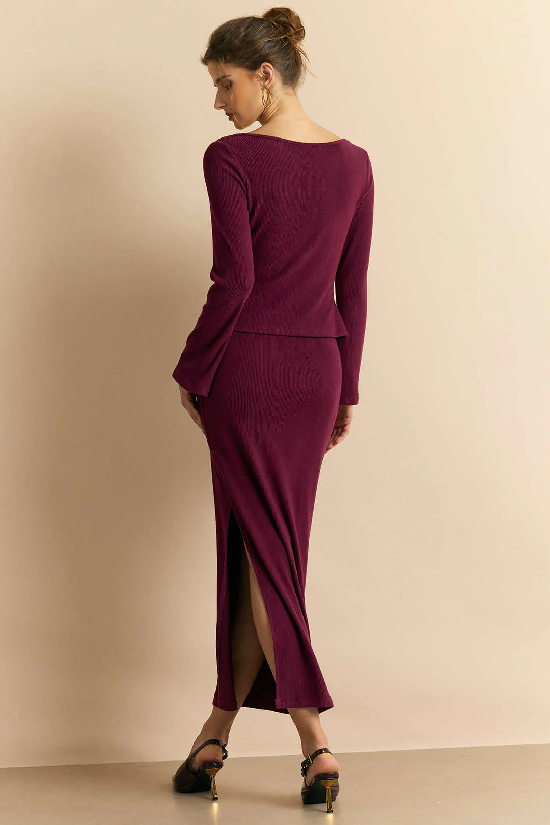Knit Frog Button Long-Sleeve Top And Skirt Set - Image 3