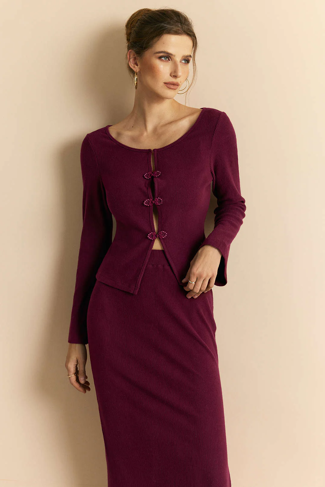 Knit Frog Button Long-Sleeve Top And Skirt Set - Image 4