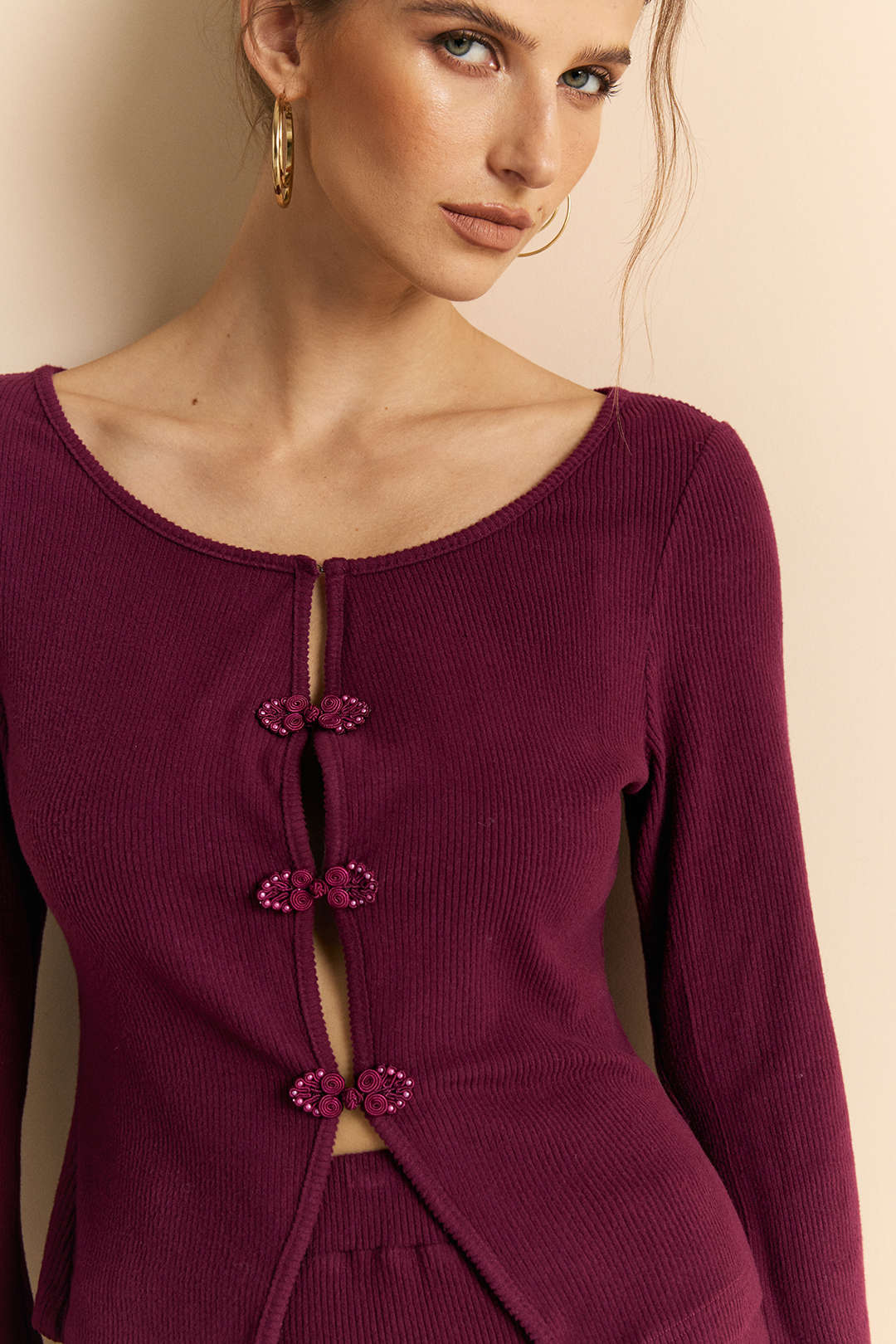 Knit Frog Button Long-Sleeve Top And Skirt Set - Image 5
