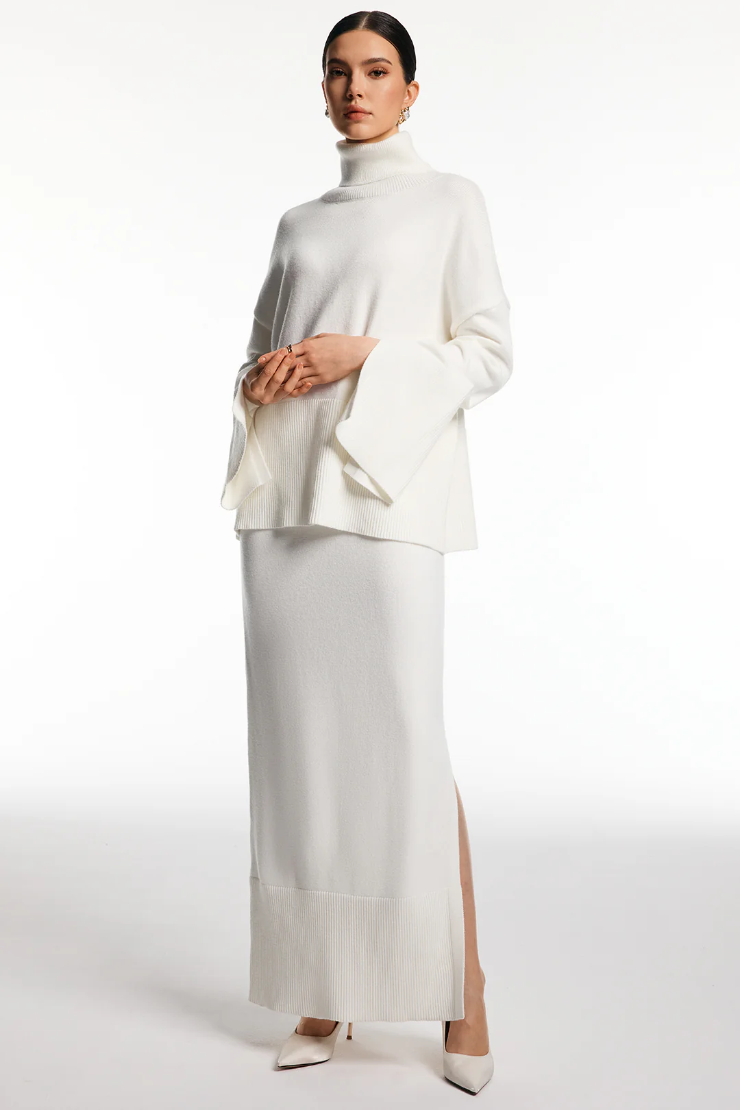 Knit Turtleneck Long-Sleeve Top And Side Split Skirt Set