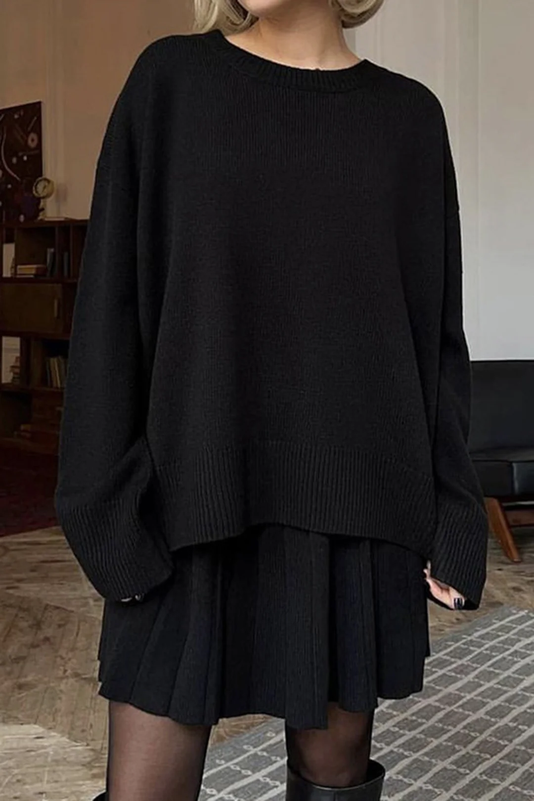 Knit Round Neck Long-Sleeve Top And Pleated Belted Skirt Set