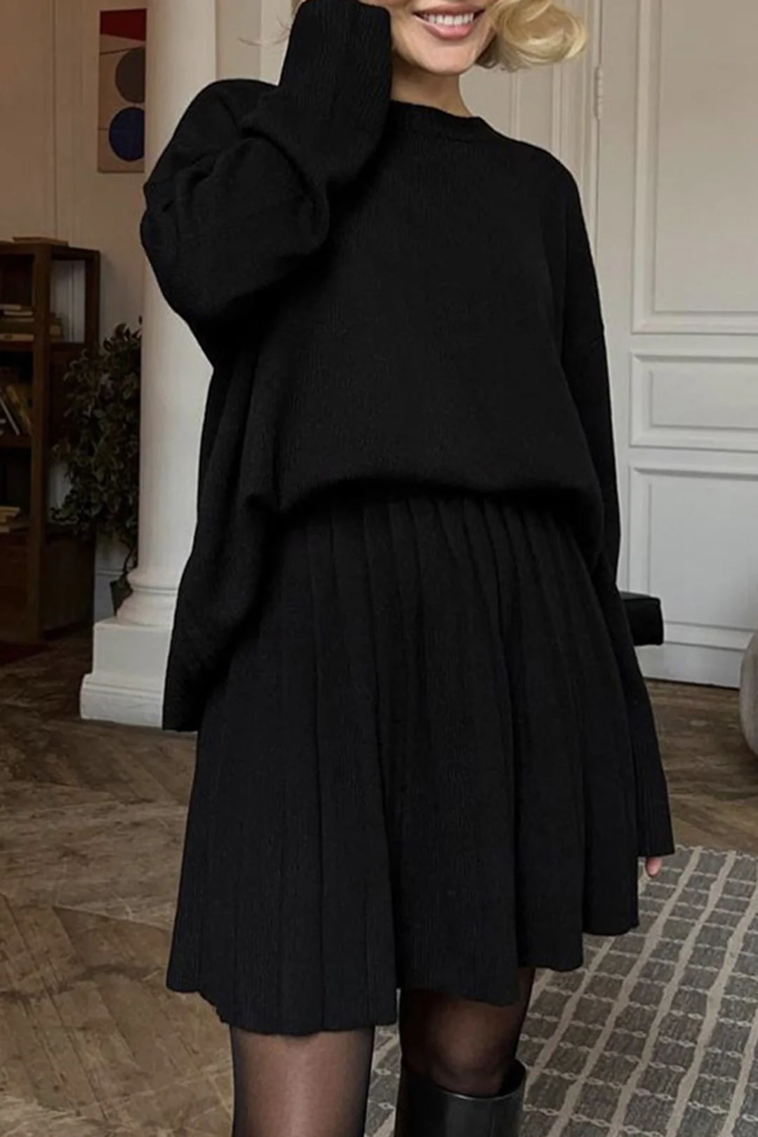 Knit Round Neck Long-Sleeve Top And Pleated Belted Skirt Set - Image 2