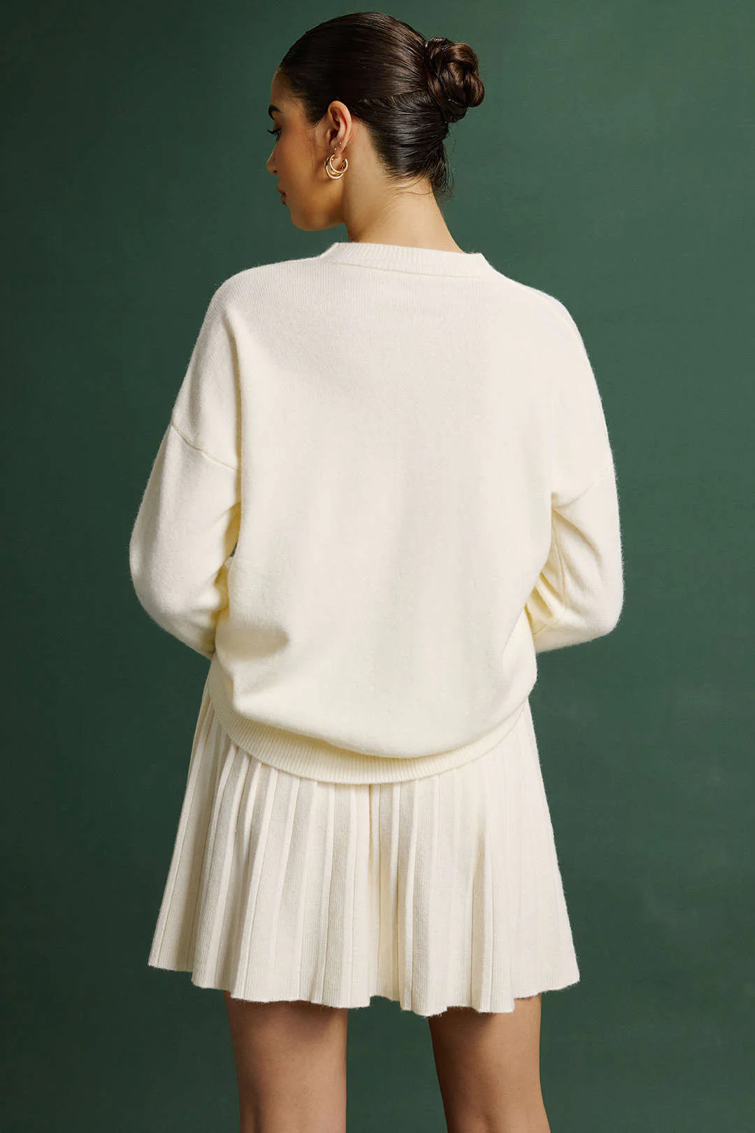 Knit Round Neck Long-Sleeve Top And Pleated Belted Skirt Set - Image 6