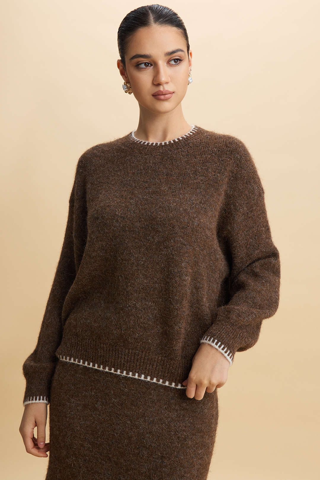 Knit Contrast Whipstitching Long-Sleeve Top And Skirt Set - Image 3