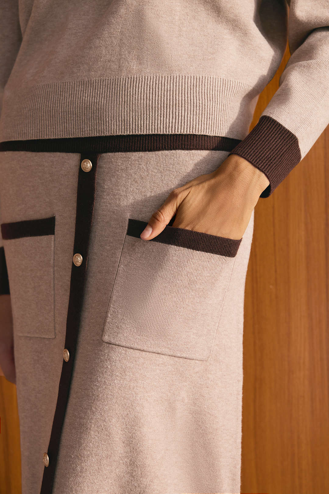 Knit Contrast V-Neck Long-Sleeve Top And Button Skirt Set - Image 11