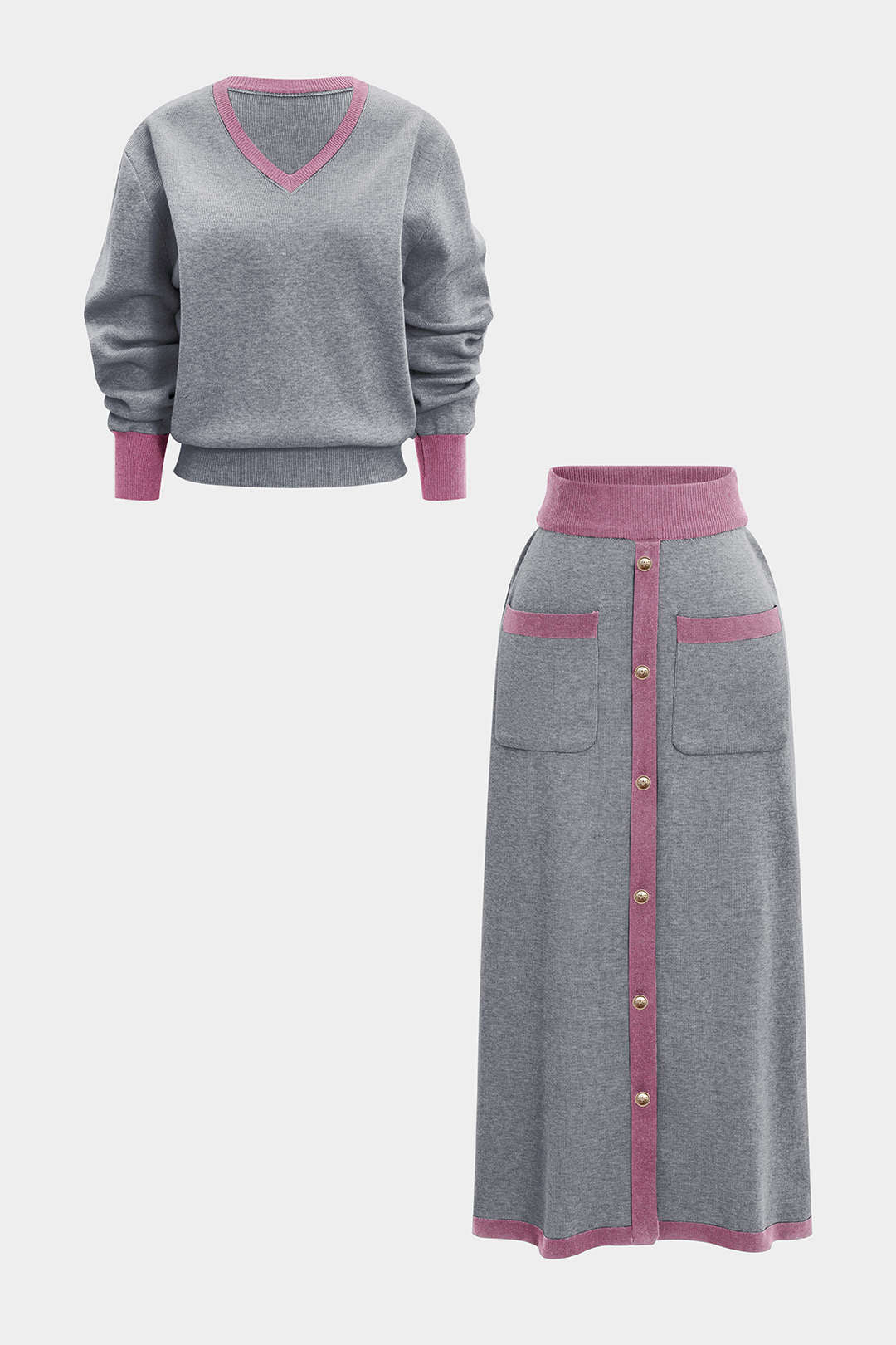 Knit Contrast V-Neck Long-Sleeve Top And Button Skirt Set - Image 13