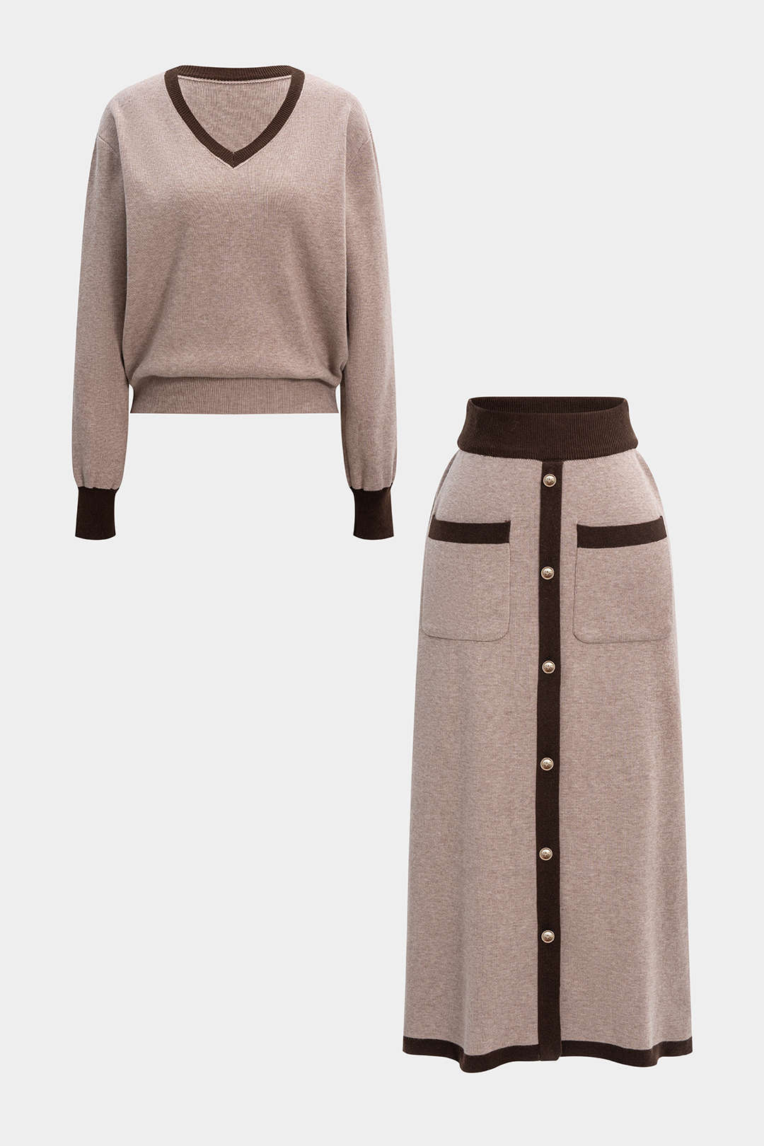 Knit Contrast V-Neck Long-Sleeve Top And Button Skirt Set - Image 2
