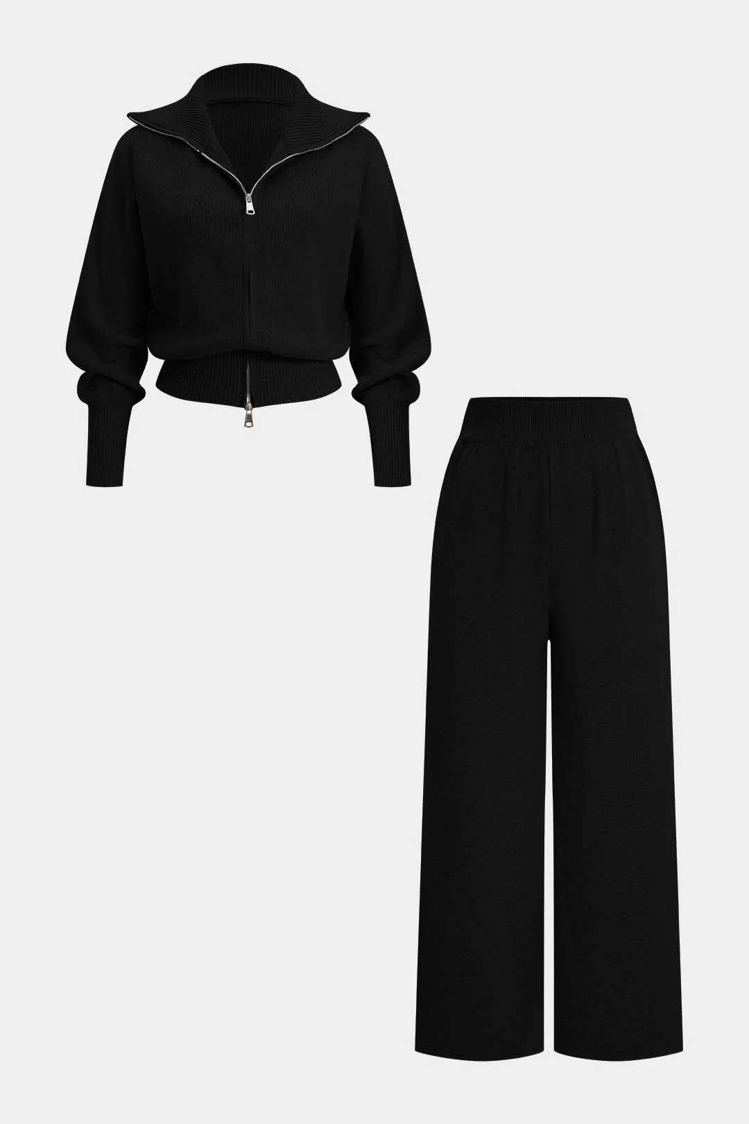 Knit Zipper Long-Sleeve Hoodie And Shirred Waistband Zipper Wide Leg Pants Set - Image 13