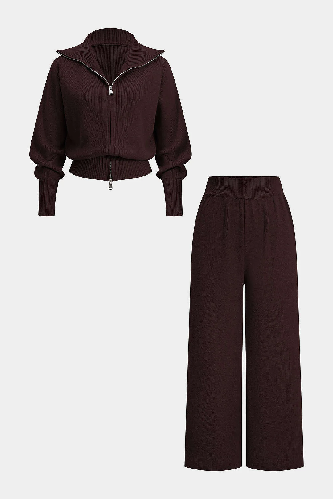 Knit Zipper Long-Sleeve Hoodie And Shirred Waistband Zipper Wide Leg Pants Set - Image 15