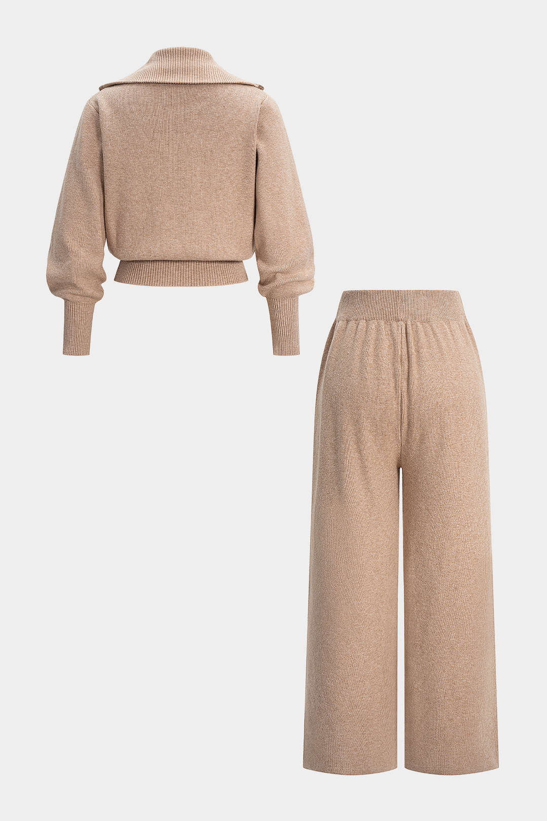 Knit Zipper Long-Sleeve Hoodie And Shirred Waistband Zipper Wide Leg Pants Set - Image 9