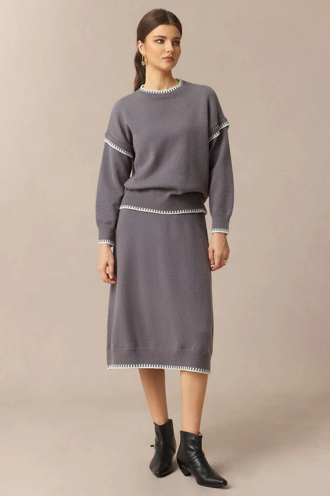 Knit Contrast Binding Round Neck Long-Sleeve Top And Skirt Set
