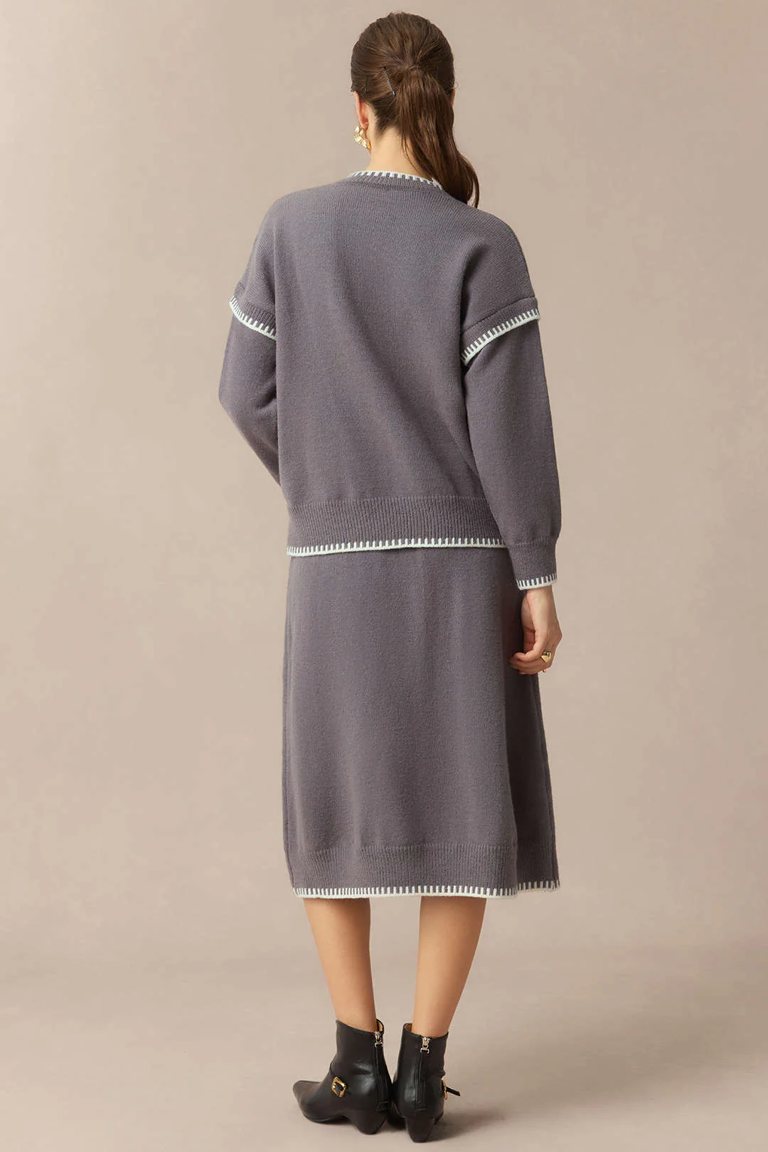 Knit Contrast Binding Round Neck Long-Sleeve Top And Skirt Set - Image 2