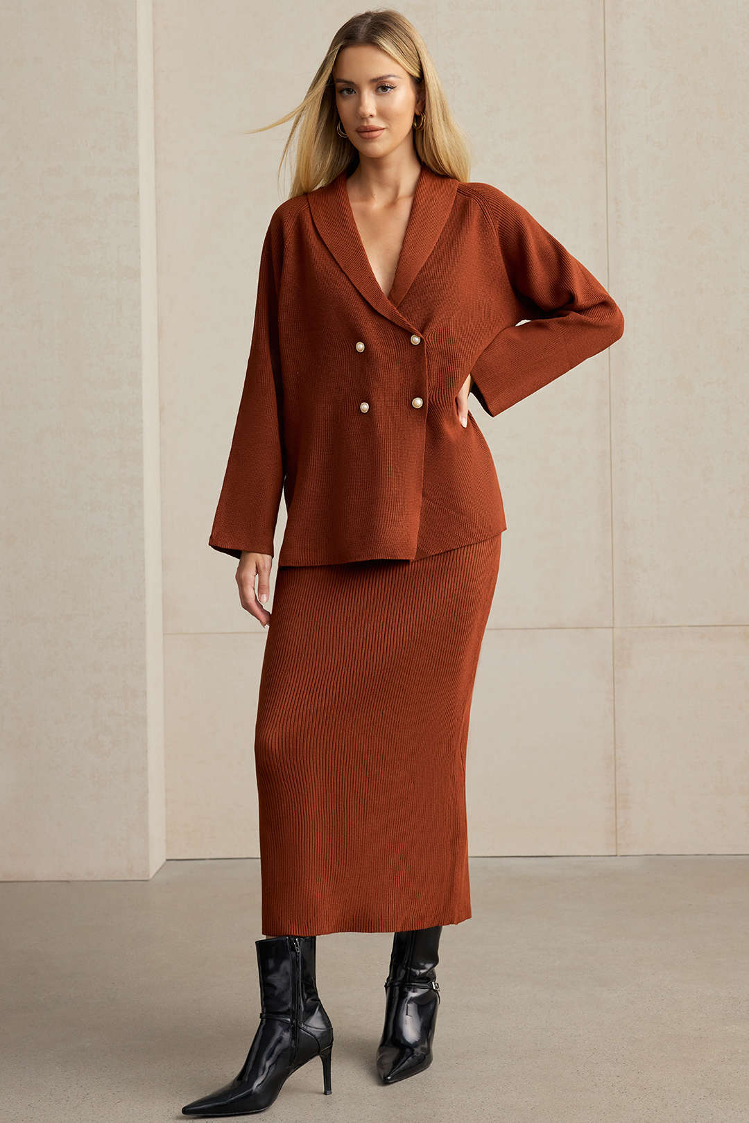 Knit Double-Breasted Lapel Cardigan And Skirt Set