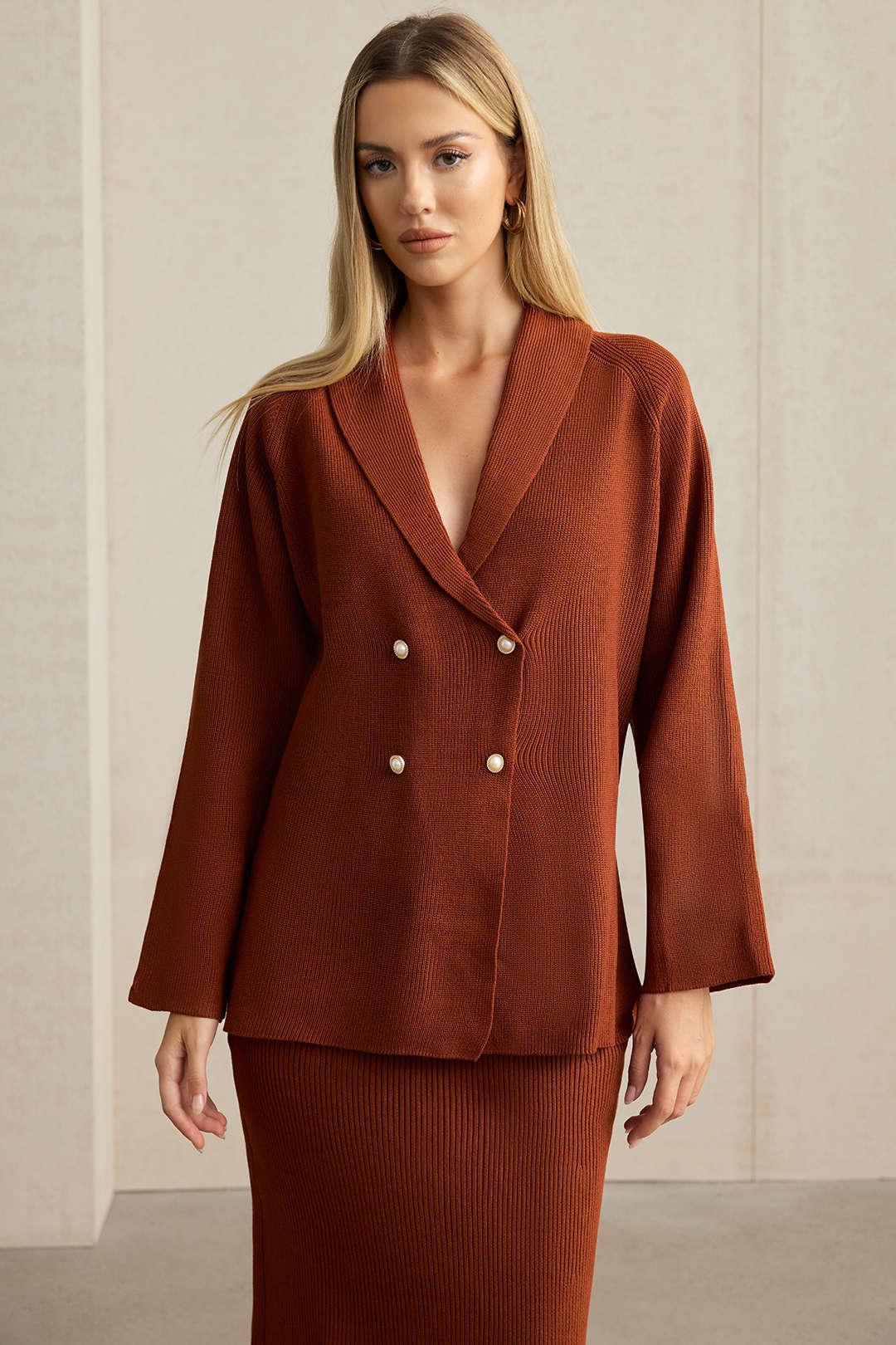 Knit Double-Breasted Lapel Cardigan And Skirt Set - Image 3
