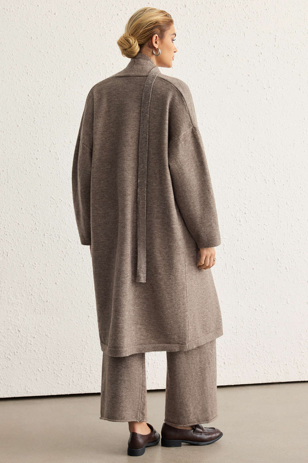 Knit 3PC Solid Cardigan And Straight Leg Pants Set - Image 3