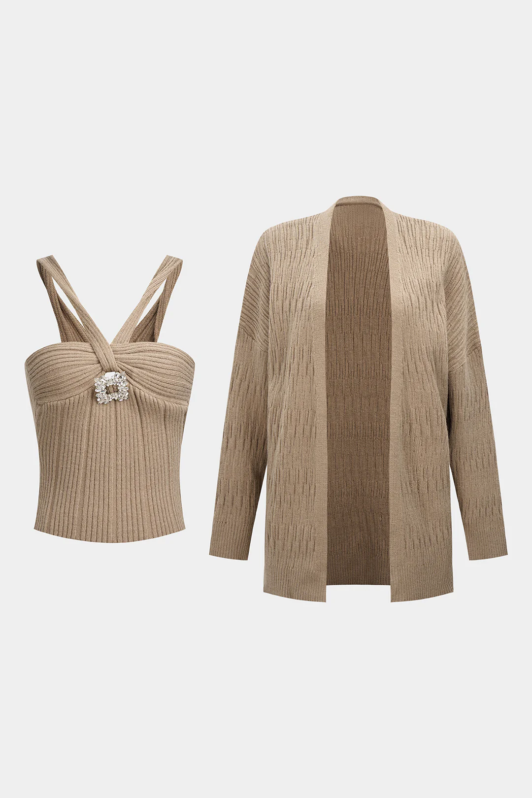 Knit Rhinestone Decor Crossed Cami Top And Cardigan Set