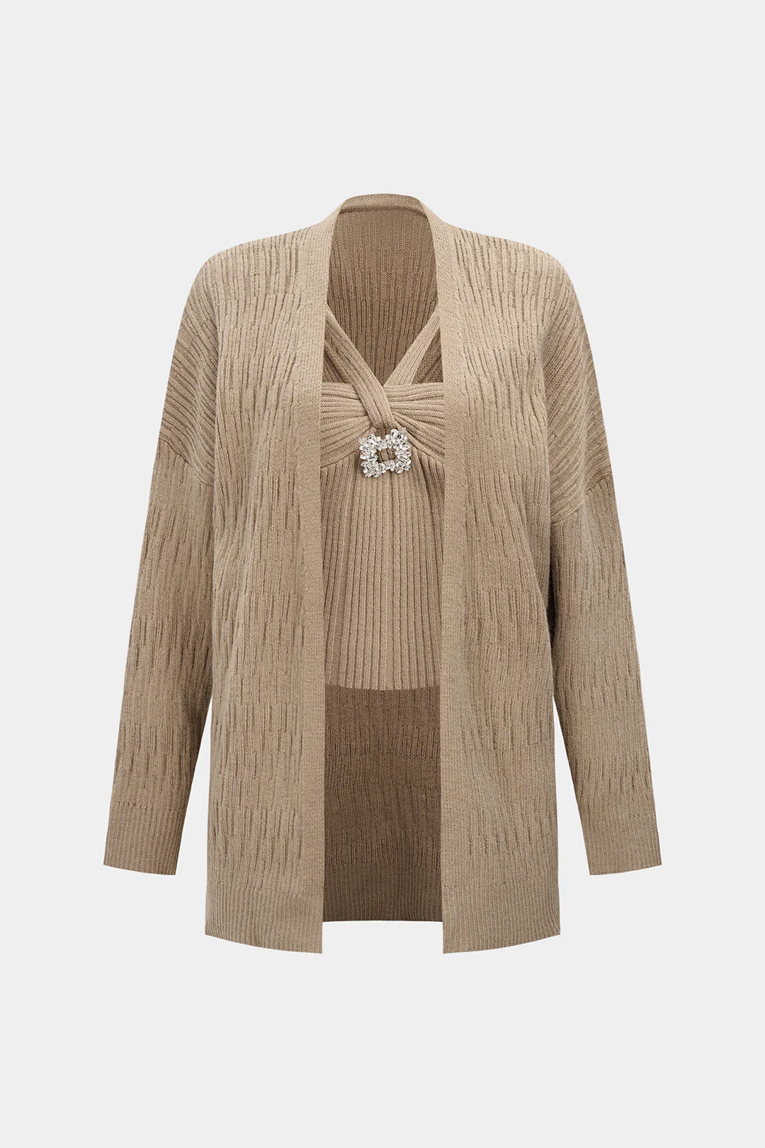 Knit Rhinestone Decor Crossed Cami Top And Cardigan Set - Image 2