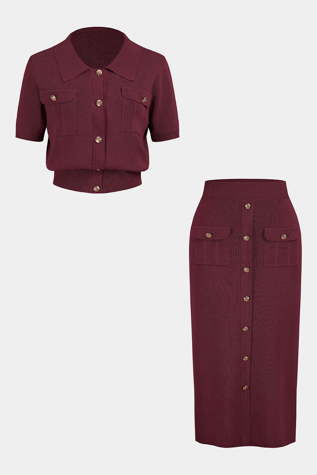 Plus Size Knit Button Short-Sleeve Cardigan And Pocket Skirt Set