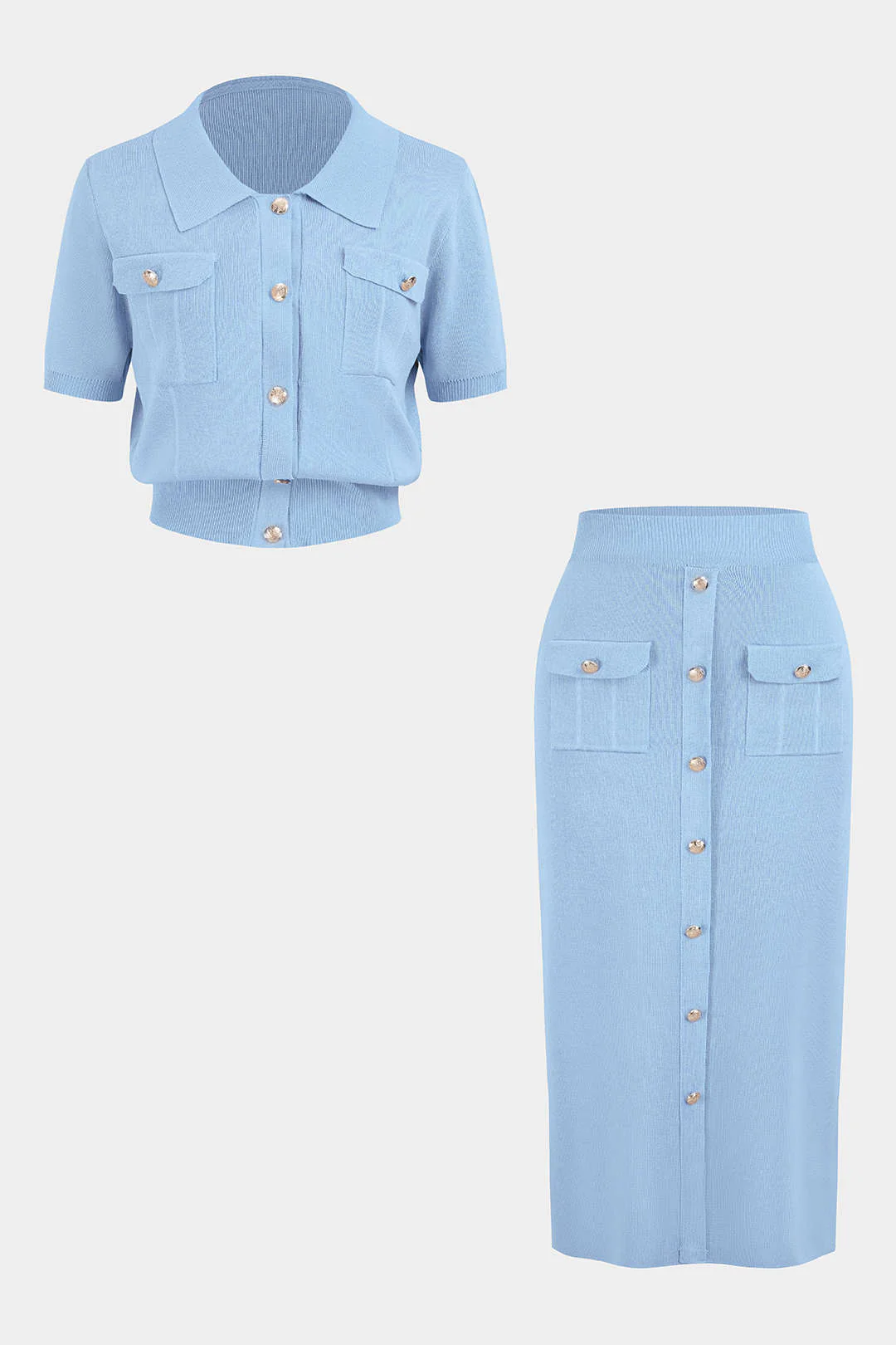Plus Size Knit Button Short-Sleeve Cardigan And Pocket Skirt Set - Image 12