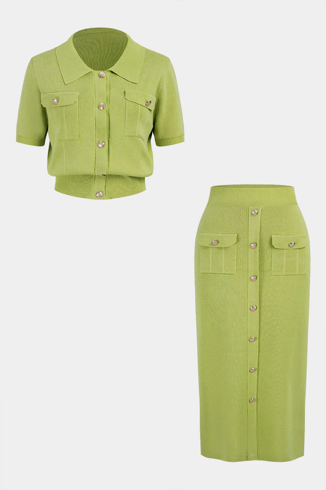 Plus Size Knit Button Short-Sleeve Cardigan And Pocket Skirt Set - Image 6