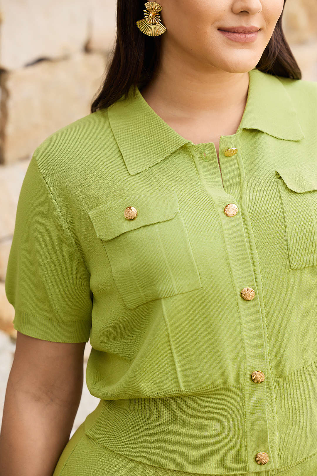 Plus Size Knit Button Short-Sleeve Cardigan And Pocket Skirt Set - Image 9