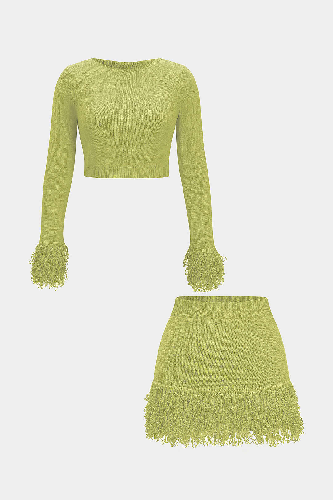 Knit Fringe Long Sleeve Top And Mini Bodycon Skirt Set - Image 5